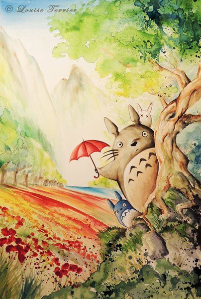 Anime picture 646x960 with tonari no totoro studio ghibli totoro chibi totoro louise terrier tall image looking at viewer standing holding signed sky outdoors black eyes group mountain no people river traditional media watercolor (medium) flower (flowers)