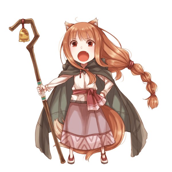 Anime-Bild 860x859 mit spice and wolf horo ayakura juu single long hair looking at viewer fringe open mouth simple background red eyes brown hair standing white background holding animal ears payot full body ahoge tail long sleeves