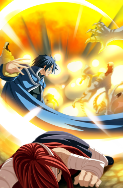 Anime picture 960x1467 with fairy tail erza scarlet jellal fernandes tremblax long hair tall image short hair blue eyes blue hair red hair eyes closed profile coloring facial mark angry battle girl boy cloak bandage (bandages)