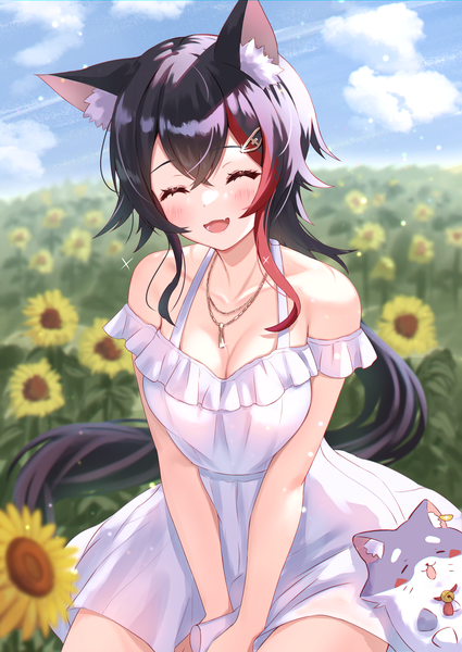 Anime picture 2508x3541 with virtual youtuber hololive ookami mio miofa (ookami mio) togemaru34 single long hair tall image blush fringe highres breasts open mouth black hair smile hair between eyes sitting bare shoulders animal ears sky