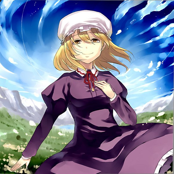 Anime picture 800x800 with touhou maribel hearn miya9 single short hair blonde hair smile yellow eyes sky cloud (clouds) wind hand on chest looking up girl dress bonnet teardrop purple dress