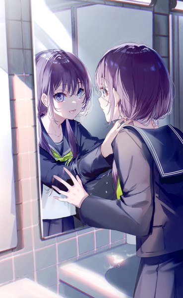 Anime picture 1844x3002 with original miwano rag single long hair tall image fringe highres open mouth hair between eyes purple eyes twintails purple hair indoors :d scan low twintails reflection different reflection girl uniform
