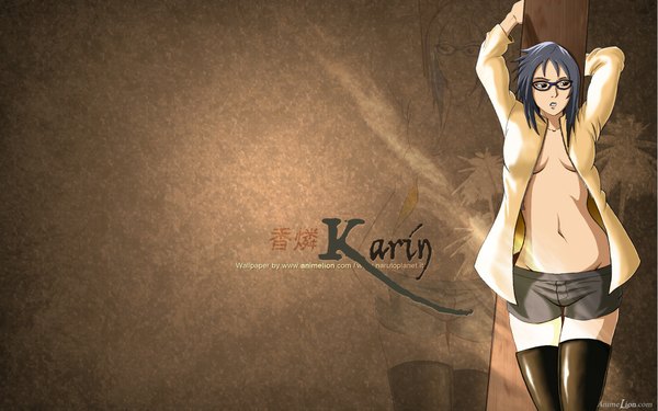 Anime picture 1920x1200 with naruto studio pierrot naruto (series) karin (naruto) single highres short hair light erotic wide image blue hair black eyes open clothes arms up open shirt girl pantyhose glasses shorts
