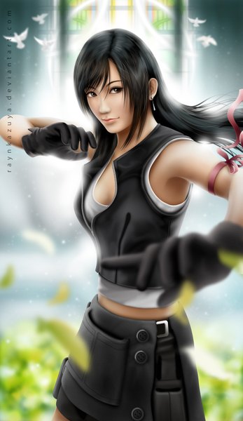 Anime picture 925x1600 with final fantasy square enix tifa lockhart mario wibisono (raynkazuya) single long hair tall image black hair cleavage light smile lips realistic grey eyes fighting stance girl gloves ribbon (ribbons) earrings animal petals