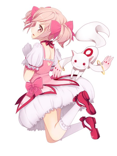 Anime picture 1000x1333 with mahou shoujo madoka magica shaft (studio) kaname madoka kyuubee meri fish tall image short hair open mouth simple background white background twintails pink hair pink eyes short twintails girl dress gloves bow hair bow socks