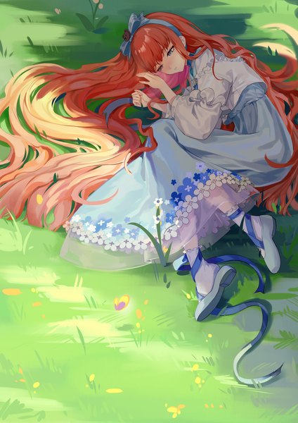 Anime picture 2480x3508 with reverse:1999 baby blue yeyi (ukpw7828) single tall image fringe highres blue eyes looking away full body lying blunt bangs very long hair orange hair on side girl dress bow plant (plants) hair bow