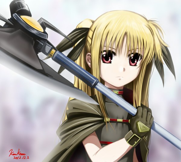 Anime picture 1386x1240 with mahou shoujo lyrical nanoha fate testarossa kem kem single long hair looking at viewer blonde hair red eyes signed girl gloves weapon