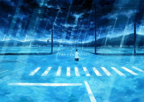 Anime picture 1000x707 with original yuuri (artist) single short hair black hair standing sky cloud (clouds) from behind light crosswalk ambiguous gender crossroads shorts building (buildings) power lines road traffic lights