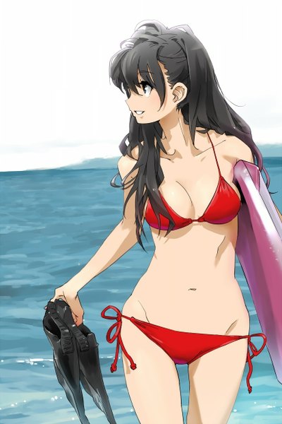 Anime picture 826x1240 with original ntw-20 (artist) single long hair tall image breasts light erotic black hair smile looking away cleavage profile black eyes grin groin girl navel swimsuit bikini water