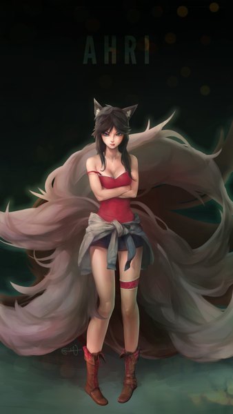 Anime picture 1024x1818 with league of legends ahri (league of legends) dpremonition single long hair tall image blue eyes black hair standing bare shoulders animal ears bent knee (knees) tail lips alternate costume legs character names fox ears facial mark fox girl