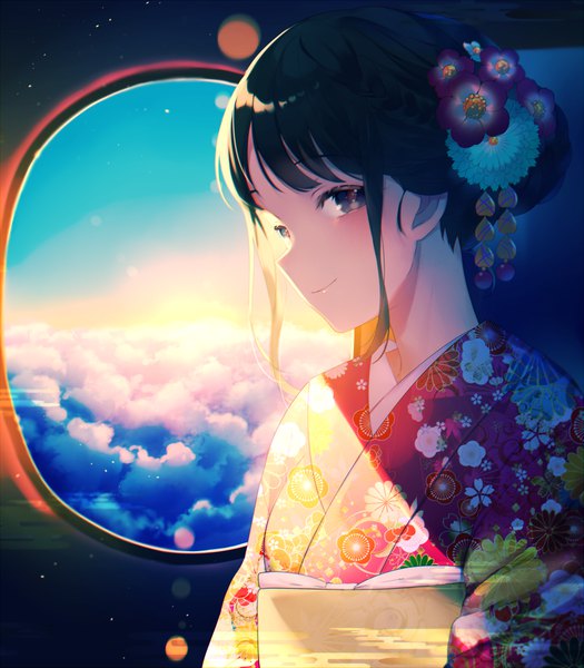 Anime picture 875x1000 with original achiki single tall image looking at viewer blush fringe short hair black hair payot sky cloud (clouds) upper body traditional clothes japanese clothes profile hair flower black eyes sunlight lens flare