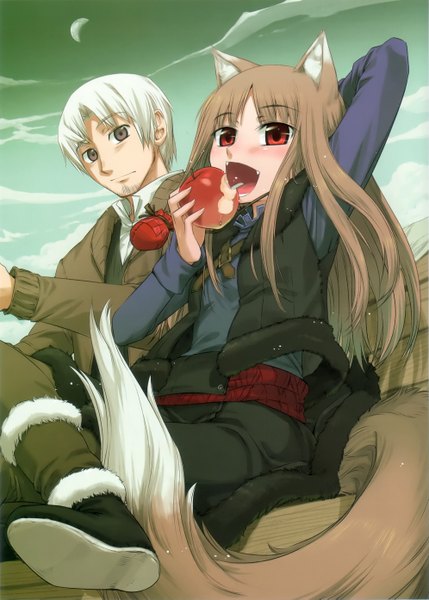 Anime picture 1990x2785 with spice and wolf horo craft lawrence koume keito long hair tall image blush highres short hair open mouth red eyes brown hair sitting brown eyes animal ears sky cloud (clouds) white hair animal tail teeth