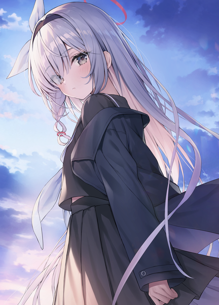 Anime picture 1440x2000 with blue archive plana (blue archive) kuro futoshi single long hair tall image looking at viewer fringe sky silver hair cloud (clouds) outdoors pleated skirt hair over one eye from below grey eyes girl skirt uniform ribbon (ribbons)