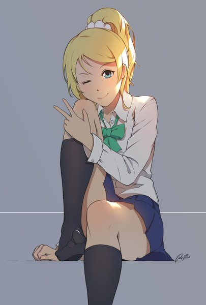 Anime picture 1986x2938 with love live! school idol project sunrise (studio) love live! ayase eli regition single long hair tall image highres blue eyes simple background blonde hair smile ponytail one eye closed wink grey background girl skirt uniform