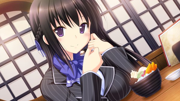 Anime picture 1280x720 with mirai kanojo touno kanae single long hair looking at viewer blush fringe black hair smile wide image purple eyes game cg braid (braids) dutch angle girl uniform school uniform food