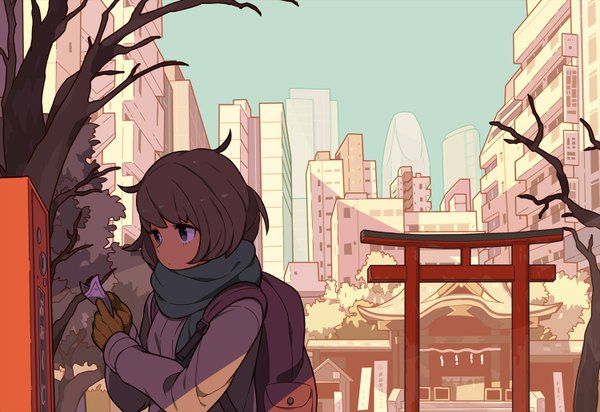 Anime picture 1500x1032 with original tomioka jirou single short hair brown hair grey eyes city bare tree girl gloves plant (plants) tree (trees) jacket scarf building (buildings) backpack torii shrine
