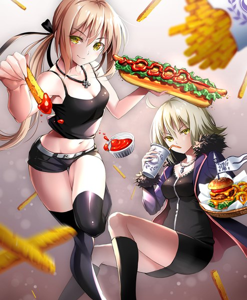 Anime picture 1000x1214 with fate (series) fate/grand order fate/stay night fate/apocrypha artoria pendragon (all) jeanne d'arc (fate) (all) jeanne d'arc alter (fate) saber alter suishougensou long hair tall image looking at viewer blush fringe short hair breasts light erotic blonde hair smile hair between eyes