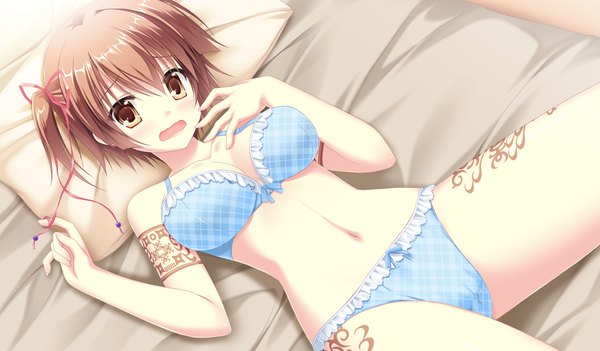 Anime picture 1024x600 with da capo iii hinomoto aoi takano yuki (allegro mistic) blush short hair open mouth light erotic brown hair wide image brown eyes game cg underwear only one side up girl underwear panties bed