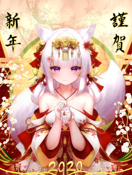 Anime picture 2050x2700 with original guo582 single long hair tall image looking at viewer blush fringe highres simple background smile purple eyes bare shoulders holding animal ears white hair tail blunt bangs traditional clothes japanese clothes