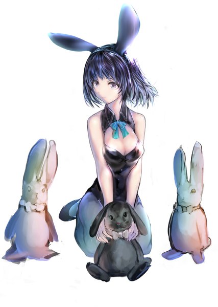 Anime picture 712x1000 with original iori (cpeilad) single tall image fringe short hair simple background white background sitting purple eyes bare shoulders animal ears looking away purple hair bunny ears bunny girl cleavage cutout girl pantyhose leotard