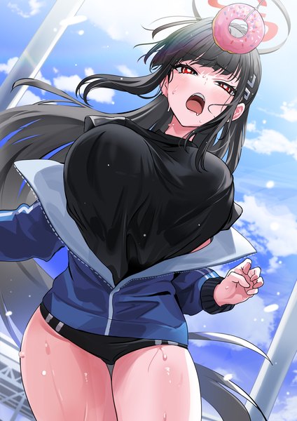 Anime picture 3820x5404 with blue archive rio (blue archive) yuki (asayuki101) single long hair tall image fringe highres breasts open mouth light erotic black hair red eyes large breasts absurdres sky cloud (clouds) outdoors ponytail blunt bangs