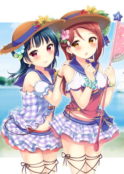 Anime picture 1200x1683 with love live! sunshine!! sunrise (studio) love live! sakurauchi riko tsushima yoshiko hazuki (sutasuta) long hair tall image looking at viewer blush fringe open mouth smile hair between eyes red eyes standing bare shoulders multiple girls holding brown eyes