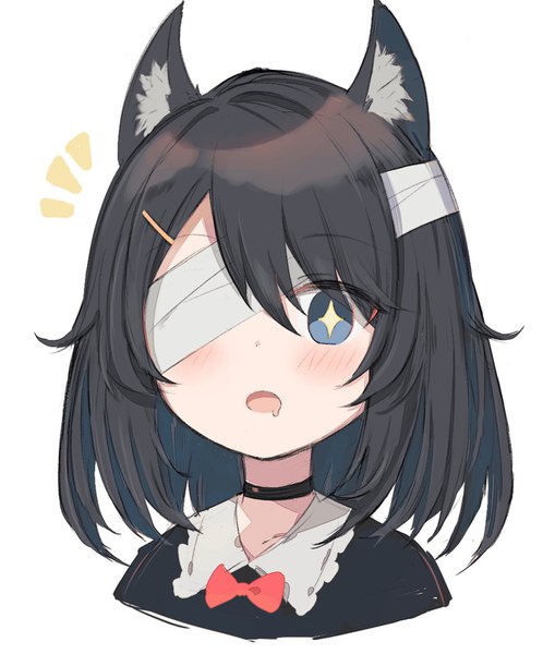 Anime picture 1066x1257 with original satou (3366 s) single tall image looking at viewer blush fringe short hair blue eyes black hair simple background hair between eyes white background animal ears upper body symbol-shaped pupils portrait saliva + + bandage over one eye