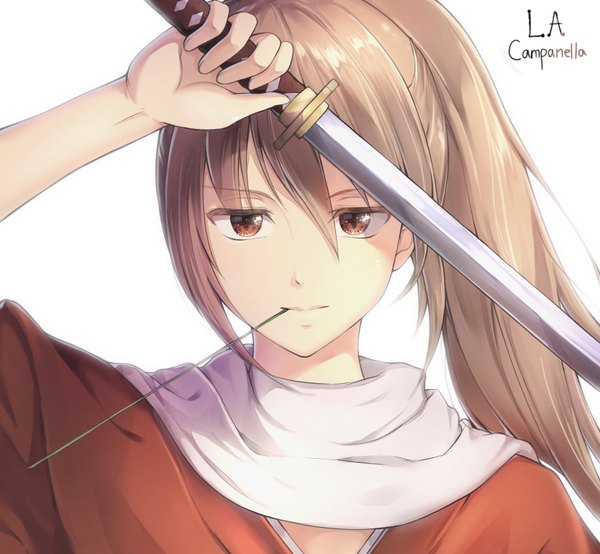 Anime picture 800x739 with gintama sunrise (studio) okita sougo la campanella single long hair looking at viewer fringe simple background hair between eyes brown hair white background holding brown eyes signed payot upper body traditional clothes japanese clothes arm up