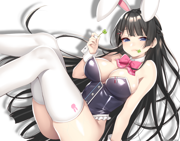 Anime picture 1200x939 with virtual youtuber nijisanji tsukino mito hattori (junoct2000) single looking at viewer fringe breasts blue eyes light erotic black hair simple background large breasts white background holding animal ears cleavage braid (braids) very long hair shadow