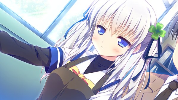 Anime picture 1280x720 with clover day's long hair blush blue eyes wide image twintails game cg white hair light smile girl boy uniform ribbon (ribbons) hair ribbon school uniform