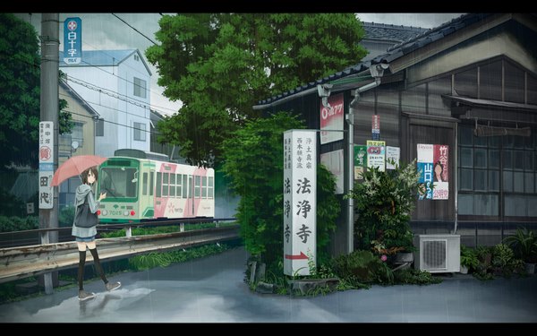 Anime picture 1920x1200 with original kusakabe (artist) highres brown hair wide image rain landscape girl thighhighs black thighhighs plant (plants) tree (trees) building (buildings) umbrella house tram