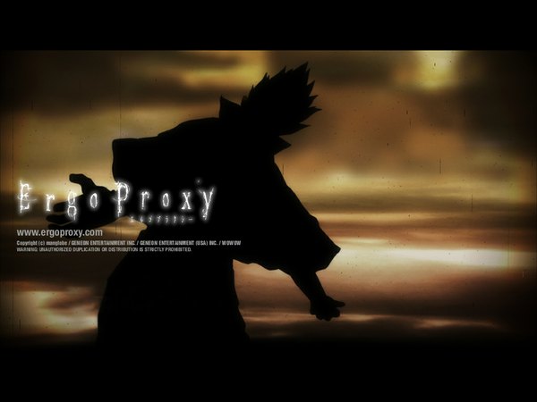 Anime picture 1024x768 with ergo proxy vincent law single inscription wallpaper black background silhouette boy