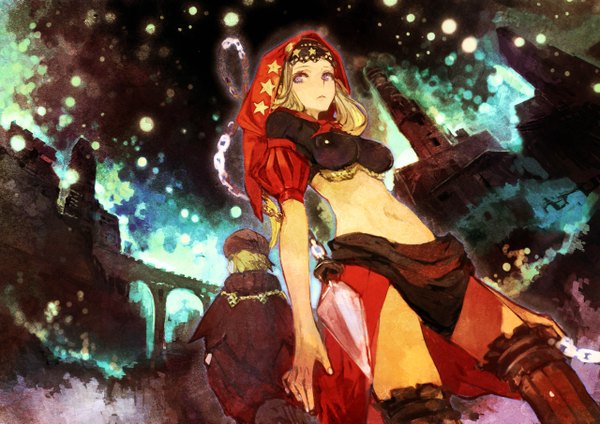 Anime picture 1280x905 with odin sphere vanillaware velvet (odin sphere) ingway (odin sphere) humi (artist) long hair short hair breasts light erotic blonde hair purple eyes payot looking away night bare belly zettai ryouiki puffy sleeves night sky star print abstract