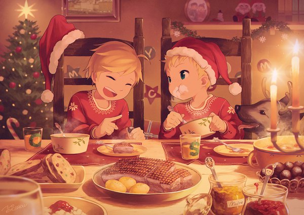 Anime-Bild 1273x900 mit original noeyebrow short hair open mouth blue eyes blonde hair holding signed indoors eyes closed multiple boys fur trim happy christmas eating ^ ^ steam ^o^ headwear removed freckles
