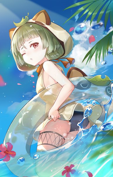 Anime picture 1116x1740 with genshin impact sayu (genshin impact) kita (kitairoha) single tall image looking at viewer fringe short hair red eyes sky cloud (clouds) ass blunt bangs one eye closed looking back green hair partially submerged girl dress flower (flowers)
