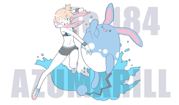 Anime picture 1000x586 with pokemon nintendo misty (pokemon) azumarill sora tokumo open mouth blue eyes simple background wide image white background bent knee (knees) one eye closed wink orange hair character names side ponytail fighting stance towel around neck gen 2 pokemon pokemon number