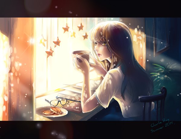 Anime picture 1723x1327 with original charlie ray single long hair fringe highres brown hair sitting yellow eyes looking away sunlight short sleeves letterboxed sunbeam girl plant (plants) glasses food star (symbol) book (books)