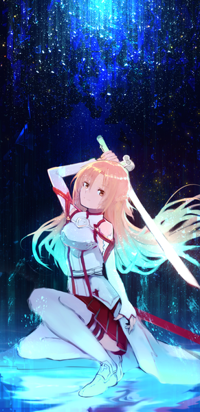 Anime picture 1117x2297 with sword art online a-1 pictures yuuki asuna tarbo (exxxpiation) single long hair tall image looking at viewer fringe blonde hair smile hair between eyes holding brown eyes full body bent knee (knees) pleated skirt multicolored hair zettai ryouiki floating hair