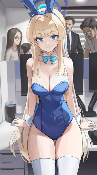 Anime picture 2500x4499 with blue archive toki (blue archive) toki (bunny) (blue archive) dolri long hair tall image looking at viewer blush fringe highres breasts blue eyes light erotic blonde hair large breasts sitting bare shoulders animal ears cleavage blunt bangs