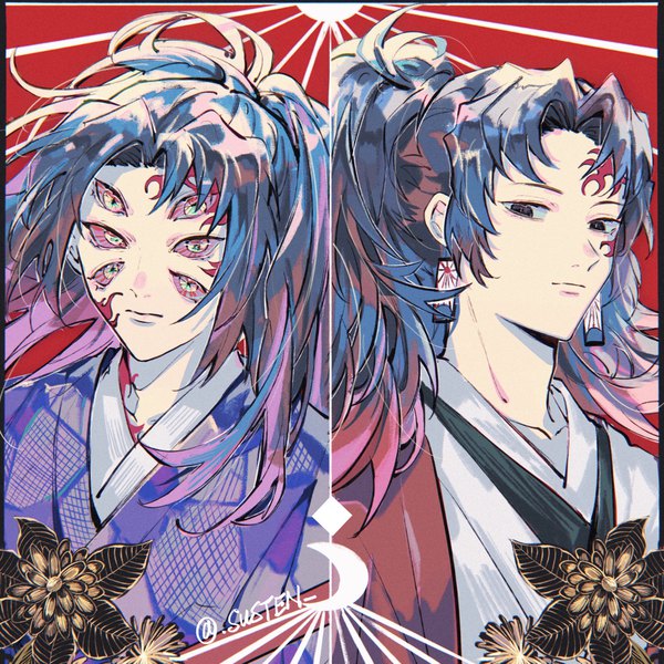 Anime picture 2049x2049 with kimetsu no yaiba ufotable tsugikuni yoriichi kokushibou susten long hair looking at viewer highres black hair ponytail traditional clothes japanese clothes black eyes multiple boys facial mark multiview siblings eyes brothers eyes in odd places