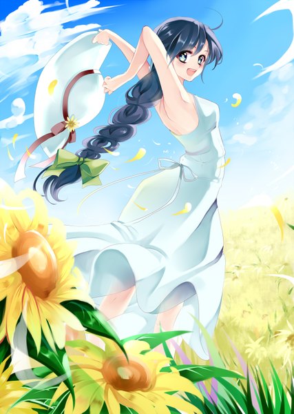 Anime picture 2549x3582 with original kurabayashi single long hair tall image highres open mouth blue eyes black hair absurdres sky cloud (clouds) looking back girl hat petals sundress sunflower