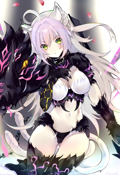 Anime picture 1090x1584 with fate (series) fate/grand order atalanta (fate) atalanta (alter) (fate) itohime single long hair tall image looking at viewer blush fringe breasts light erotic hair between eyes green eyes animal ears cleavage silver hair ahoge tail