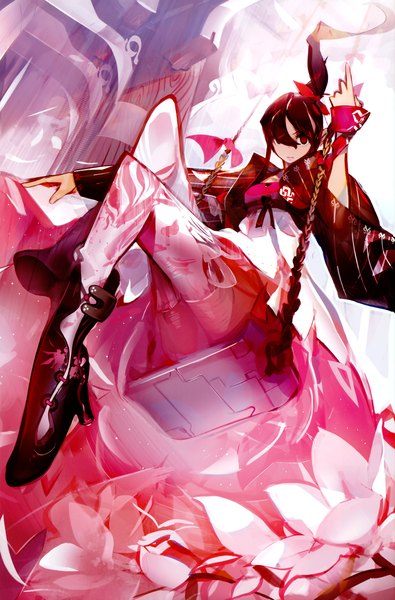 Anime picture 2301x3493 with poppic oriental (artbook) original panamaman single long hair tall image highres black hair red eyes legs girl thighhighs flower (flowers) swing