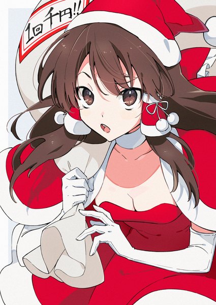 Anime picture 1756x2479 with touhou hakurei reimu futoumeido single long hair tall image looking at viewer highres breasts open mouth brown hair brown eyes cleavage leaning leaning forward girl dress gloves hat elbow gloves
