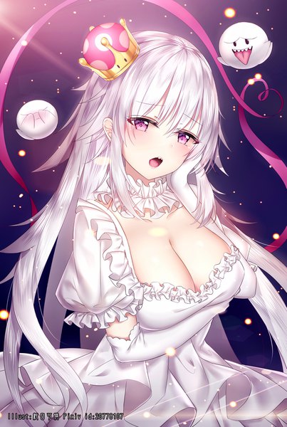 Anime picture 2689x4000 with super mario bros. new super mario bros. u deluxe princess king boo boo (mario) junpaku karen single long hair tall image looking at viewer blush fringe highres breasts open mouth light erotic simple background hair between eyes large breasts standing purple eyes