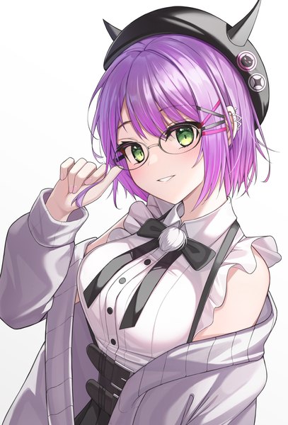 Anime picture 3800x5600 with virtual youtuber hololive tokoyami towa tokoyami towa (jirai kei) pipipipyu single tall image looking at viewer highres short hair simple background white background green eyes absurdres purple hair upper body off shoulder piercing official alternate costume ear piercing