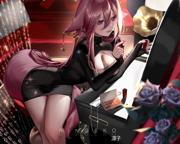 Anime picture 5000x4000 with genshin impact yae miko ringeko-chan single long hair fringe highres breasts open mouth light erotic smile hair between eyes large breasts sitting purple eyes signed animal ears looking away pink hair absurdres