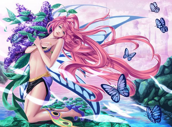 Anime picture 1200x889 with original haruka126 single long hair looking at viewer open mouth blue eyes light erotic pink hair insect wings butterfly wings girl navel flower (flowers) insect butterfly lilac