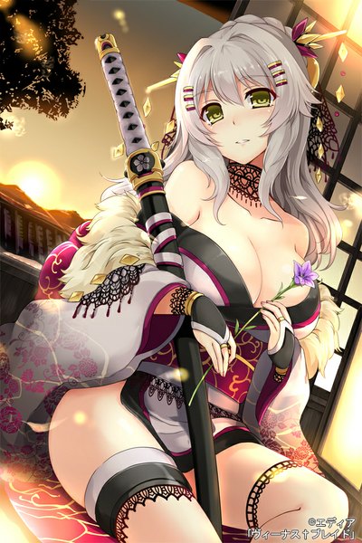 Anime-Bild 640x960 mit venus blade hisenkaede single long hair tall image looking at viewer blush fringe breasts light erotic large breasts sitting bare shoulders holding yellow eyes braid (braids) traditional clothes parted lips head tilt japanese clothes