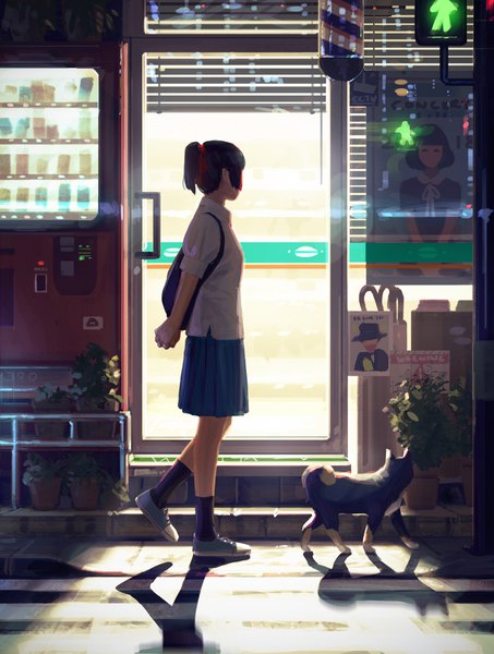 Anime picture 3000x3966 with original guweiz single tall image highres short hair standing full body outdoors ponytail pleated skirt realistic short sleeves turning head light standing on one leg hands behind back walking girl skirt